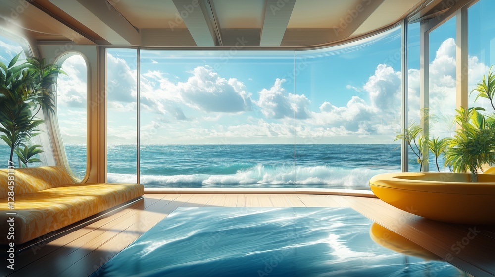 Fototapeta premium A stunning luxury oceanfront villa featuring an elegant indoor pool, panoramic ocean views, lush greenery, and a bright open-concept design, offering the ultimate tropical paradise experience