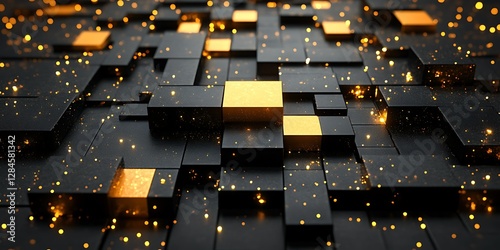 Abstract geometric pattern of black and gold squares photo