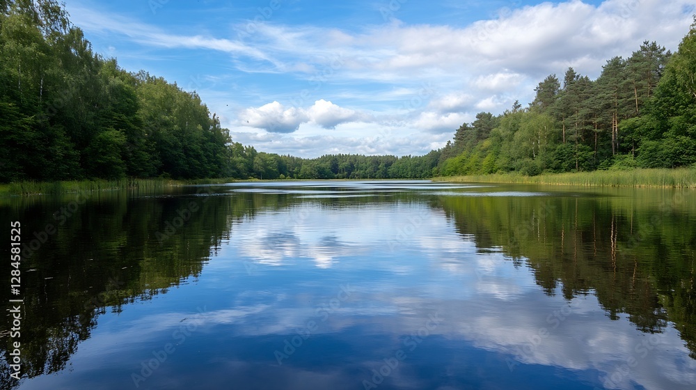 A tranquil lake reflecting clouds and greenery on a beautiful sunny day inviting relaxation and peace : Generative AI A tranquil lake reflecting clouds and greenery on a beautiful sunny day inviting relaxation and peace : Generative AI
