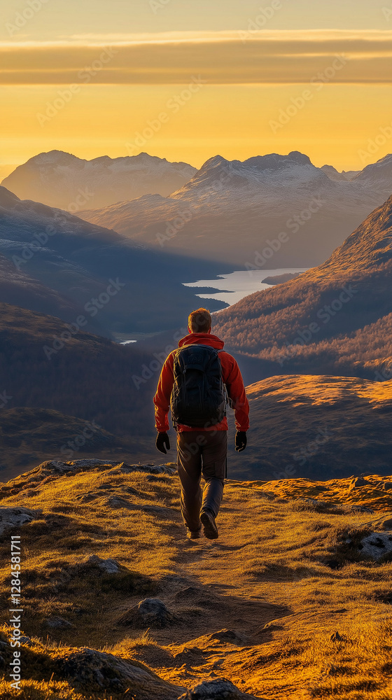 Hiker in orange jacket walking along mountain trail at sunset, breathtaking landscape view