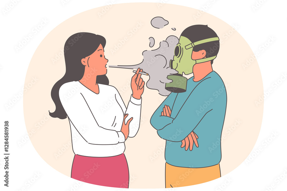 Fototapeta premium Problem passive smoking causes discomfort for man using gas mask, standing near woman with cigarette