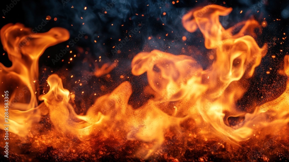 Fototapeta premium Fiery Flames, Sparks, Smoke, Dark Background