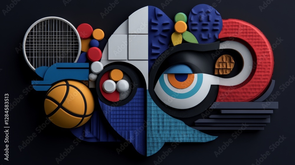 Fototapeta premium Colorful Abstract Design Featuring Sports Equipment and Shapes