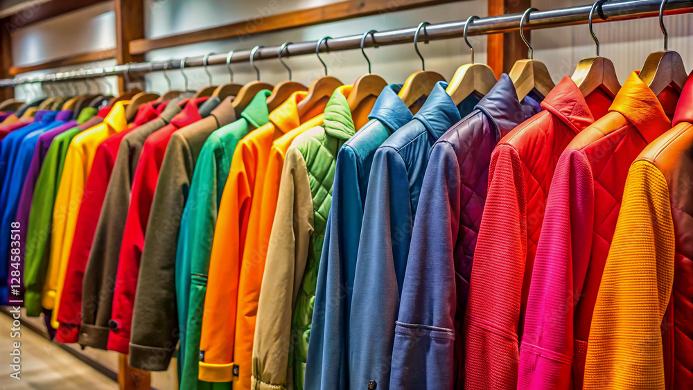 Vibrant Colorful Coats and Jackets on Display in a Fashion Store