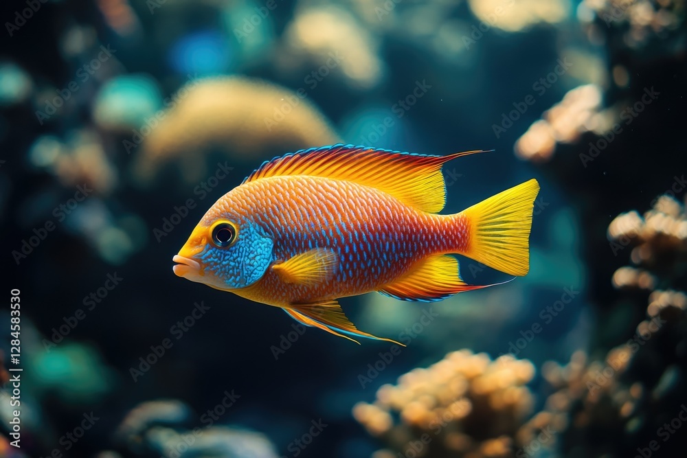 Vibrant orange and blue fish swimming in a coral reef aquarium. Vibrant orange and blue fish swimming in a coral reef aquarium.