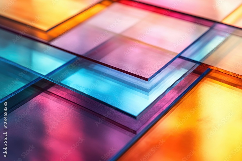 Obraz premium Abstract image of colorful translucent glass panes overlapping, creating a vibrant and geometric pattern.