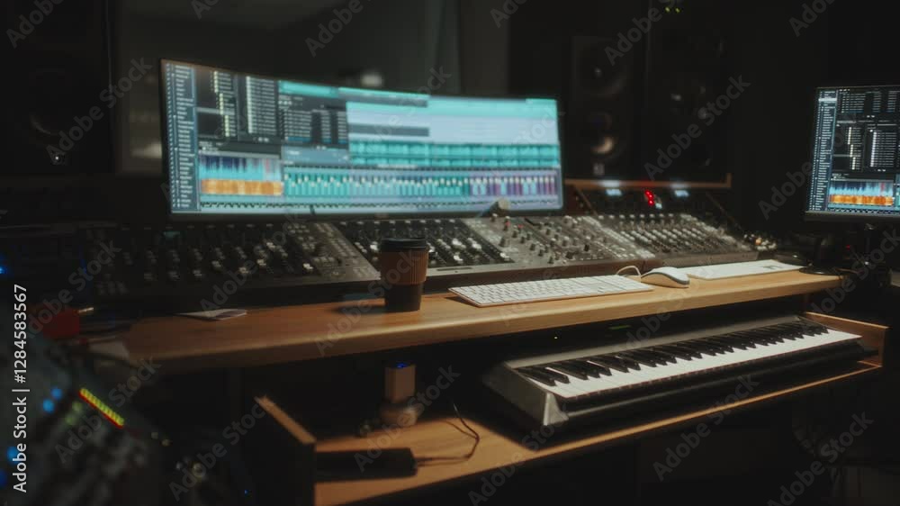 Workplace of sound engineer featuring mixing console, digital audio workstations with multiple screens, speakers and MIDI keyboard for high-quality music production in professional recording studio