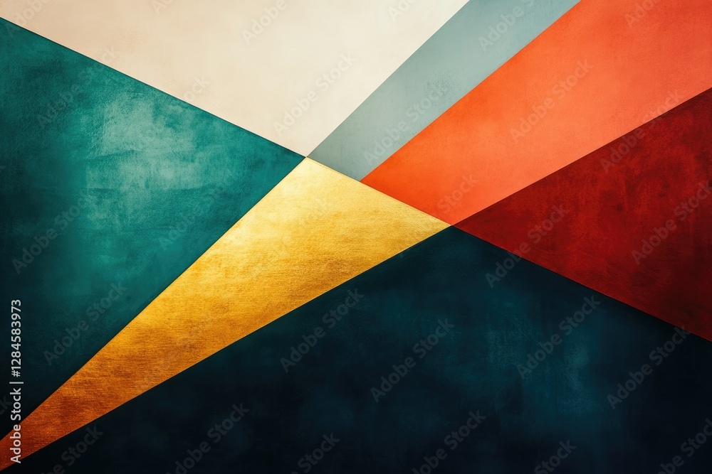 Abstract geometric art featuring teal, gold, red, and gray hues in a textured, intersecting triangular design. Abstract geometric art featuring teal, gold, red, and gray hues in a textured, intersecting triangular design.