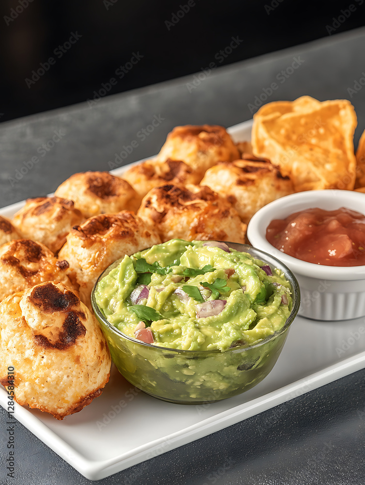 Golden savory bites served with fresh guacamole and a side of flavorful salsa presented on a white platter. Golden savory bites served with fresh guacamole and a side of flavorful salsa presented on a white platter.