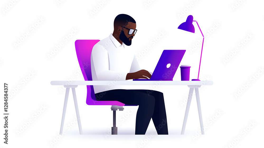 Fototapeta premium African American Man Working From Home on Laptop at Desk