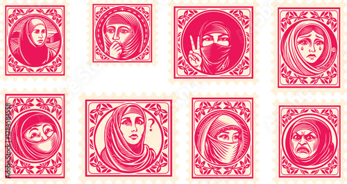 set of vintage engraving niqab muslim woman face Postage Stamp Retro style postage sticker collection famous woman stamp postmark, engraving muslim niqab, girl stamp, Smiling face, niqab, old post