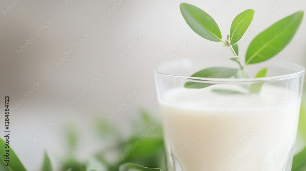 Elegant glass of milk infused with fresh green leaves placed on a serene background with soft natural light : Generative AI Elegant glass of milk infused with fresh green leaves placed on a serene background with soft natural light : Generative AI