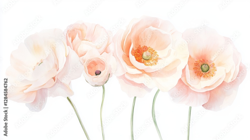 Obraz premium Delicate ranunculus blooms in soft peach and pink hues, celebrating nature's beauty through watercolor artistry