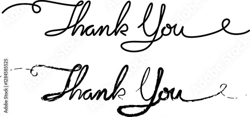 Two types of thank you messages, written by hand or drawn in a single line with a pen and brush, signature style. Vector illustration, letter or text To accompany business cards. Art & Illustration