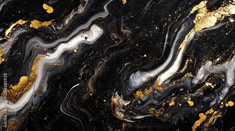Fototapeta premium Abstract alcohol ink art on black marble with gold accents