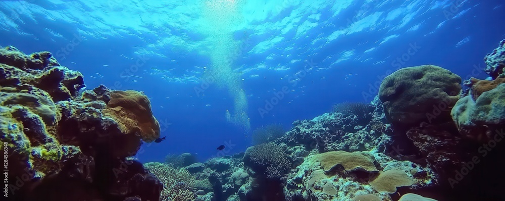 Fototapeta premium Vibrant coral reef underwater scene with diverse marine life and sunlight streaming through water