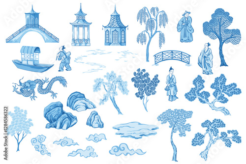 Blue pagoda, dragon, people, tree, boat, stone, cloud, architecture Chinese set. Chinoiserie vector collection.	