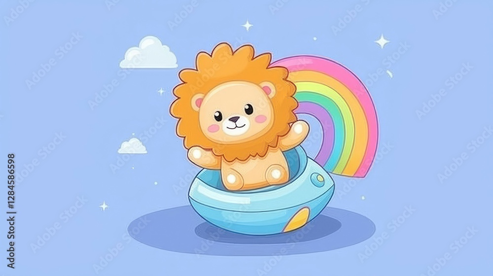 Fototapeta premium Adorable Cartoon Lion Cub in a Spaceship with Rainbow - Dreamy Illustration