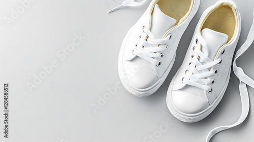 Clean white canvas sneakers with untied laces are arranged on a smooth light gray surface suggesting simplicity and casual style.