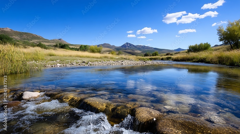 Breathtaking scenic view of a peaceful river flowing through a serene landscape under a clear blue sky : Generative AI Breathtaking scenic view of a peaceful river flowing through a serene landscape under a clear blue sky : Generative AI