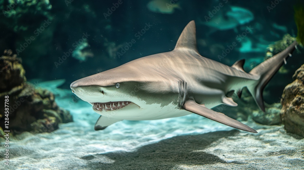 Naklejka premium Great white shark swimming in ocean depths with sharp teeth and powerful fins