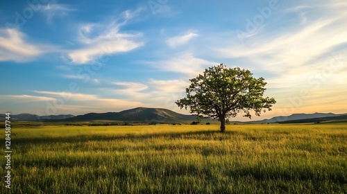 Vibrant summer landscape featuring a lone tree in a golden grassy field under a blue sky with fluffy clouds : Generative AI