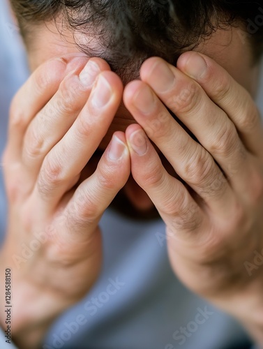 Close up of a man in distress with hands covering his face expressing deep emotions : Generative AI