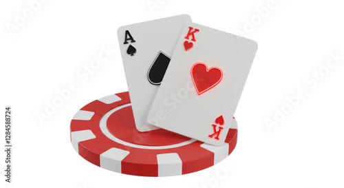 Isolated Ace of Spades and King of Hearts on Red Casino Chip