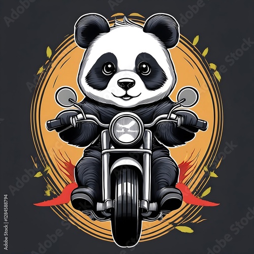 Cute Panda Riding Motorcycle, Cartoon Animal, Graphic Design, T-Shirt Design photo