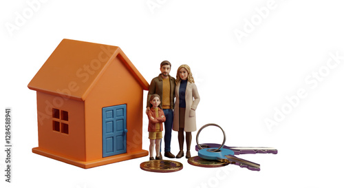 Isolated Family Standing by Toy House with Keys and Coins
