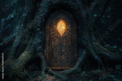 A glowing, ornate door nestled within the ancient roots of a mystical forest tree. photo