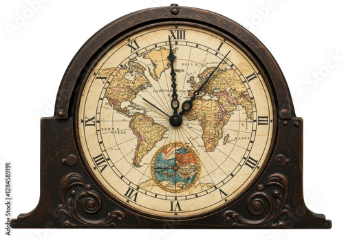 Isolated Vintage World Map Clock on Wooden Stand photo