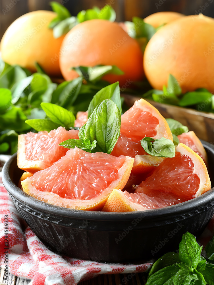 Segments of pink grapefruit are arranged in a bowl garnished with fresh green mint leaves and several whole grapefruits in background. Segments of pink grapefruit are arranged in a bowl garnished with fresh green mint leaves and several whole grapefruits in background.