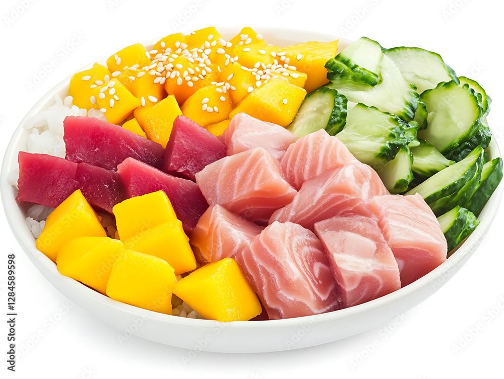 A colorful poke bowl with tuna salmon mango and cucumber over rice presented in a white bowl. A colorful poke bowl with tuna salmon mango and cucumber over rice presented in a white bowl.