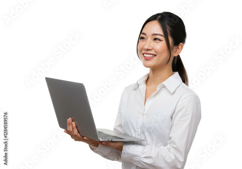Isolated Smiling Asian Woman Holding a Laptop Looking Up