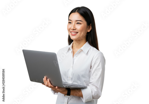 Isolated Professional Asian Woman Holding Laptop Contemplatively