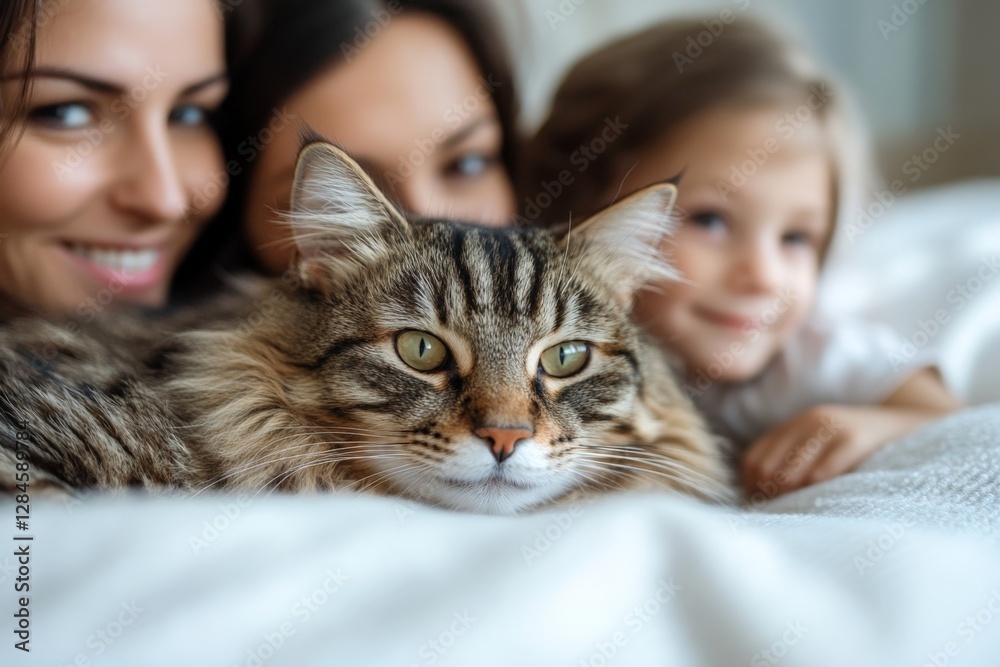 Family members enjoy quality time with a playful cat on a cozy bed during a sunny afternoon Family members enjoy quality time with a playful cat on a cozy bed during a sunny afternoon
