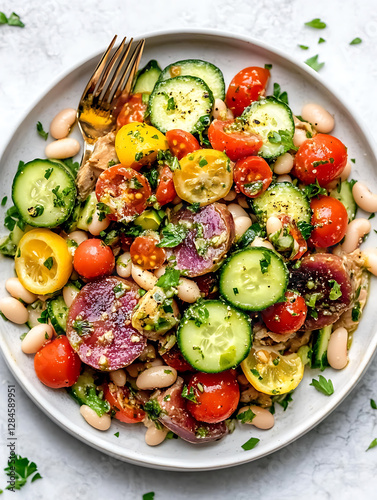 Colorful salad with tomatoes cucumbers beans and potatoes dressed with herbs on a white plate with a golden fork.