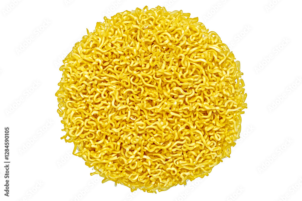 A tightly packed circular mass of dry golden-yellow instant noodles on a plain white background. A tightly packed circular mass of dry golden-yellow instant noodles on a plain white background.