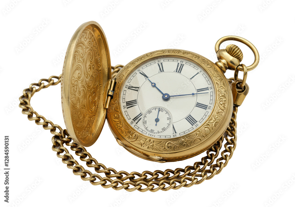 Isolated Ornate Gold Pocket Watch with Chain Isolated Ornate Gold Pocket Watch with Chain