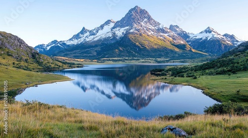 Majestic snow-capped mountain peak reflecting perfectly in a calm alpine lake surrounded by green grassy hills under a clear blue sky.