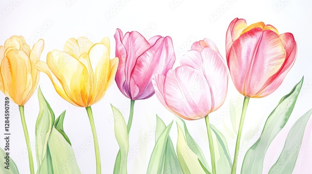 Fototapeta premium Blooming tulips in vibrant watercolor reflect a serene spring morning filled with warmth and beauty