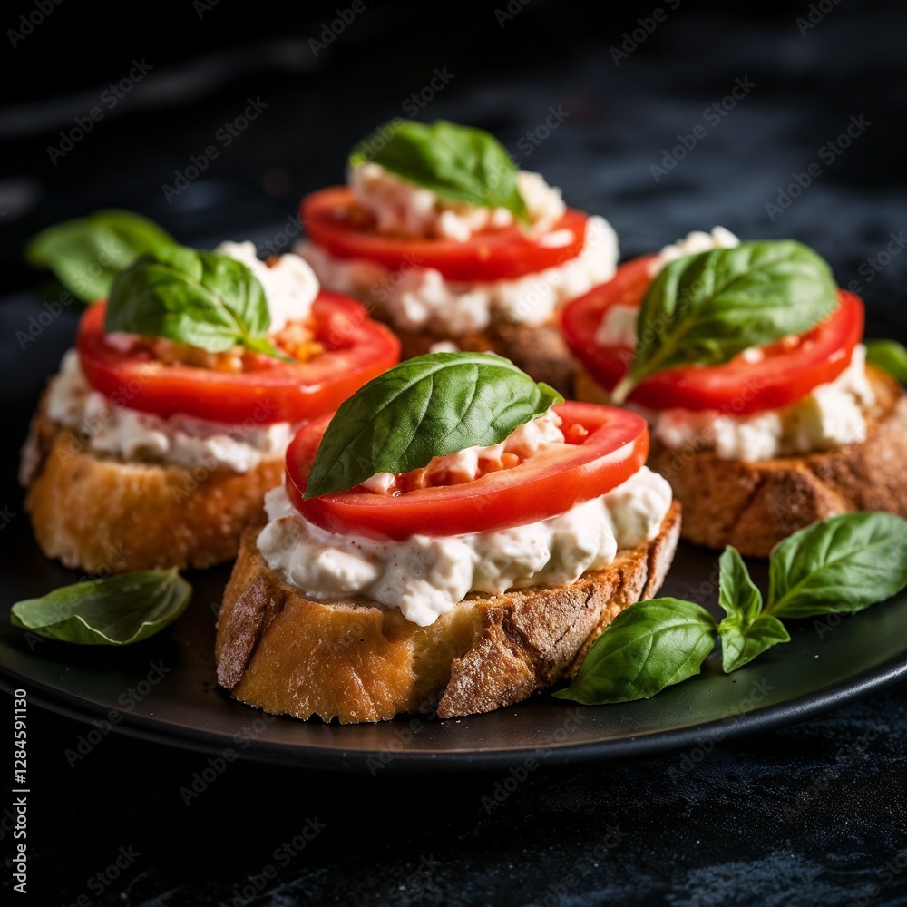 Delicious bruschetta topped with tomatoes and basil on a black plate Delicious bruschetta topped with tomatoes and basil on a black plate