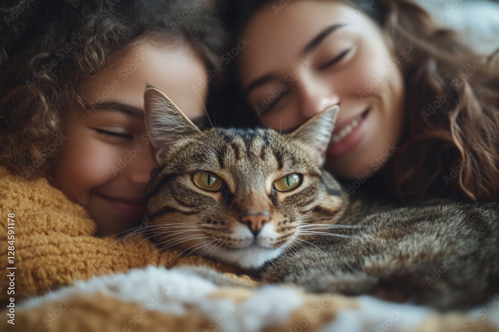Warm moment shared between a mother, daughter, and their cat while cuddling on a cozy blanket indoors Warm moment shared between a mother, daughter, and their cat while cuddling on a cozy blanket indoors