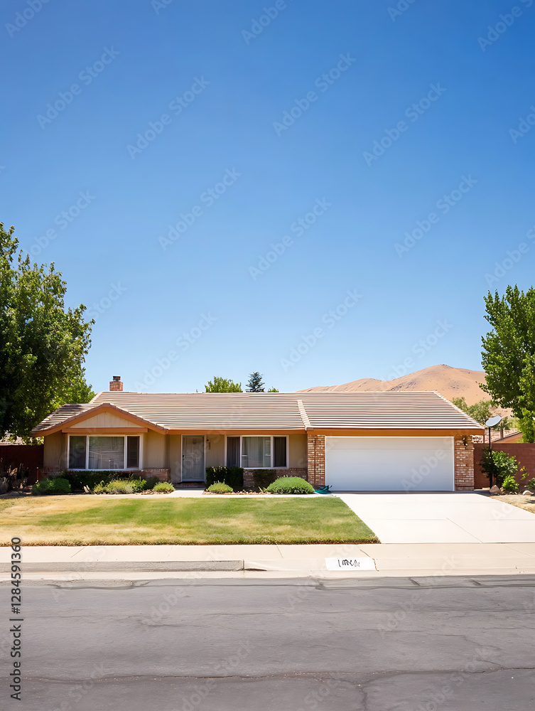 Fototapeta premium Single-story ranch house with a tan facade green lawn and a clear blue sky background on a sunny day.