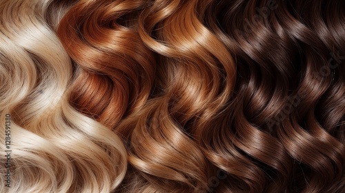 Textured wavy hair in various shades including blonde, auburn, and brown