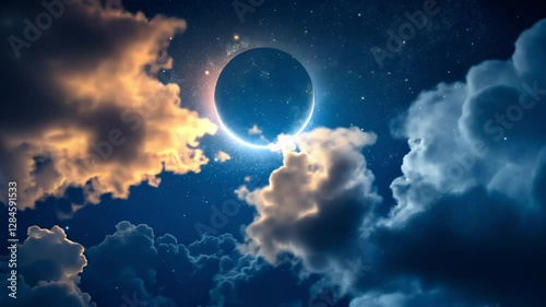 Light from sky . Religion background . The sky at night with stars. New moon . Ramadan background . Prayer time . Dramatic nature background 