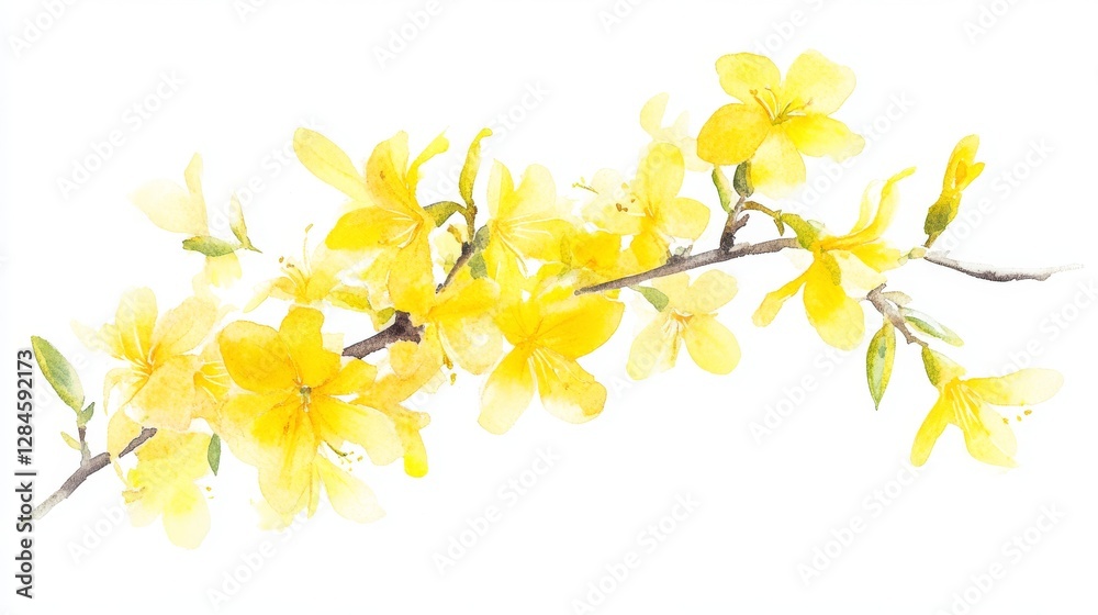 Vibrant forsythia branches adorned with cheerful yellow flowers in a delicate watercolor rendering