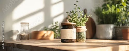 Wallpaper Mural Rustic kitchen scene with herb plant and jar on wooden counter in sunlight Torontodigital.ca