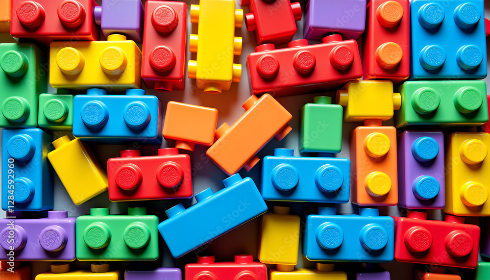 Fototapeta premium Colorful plastic building blocks scattered on a white surface